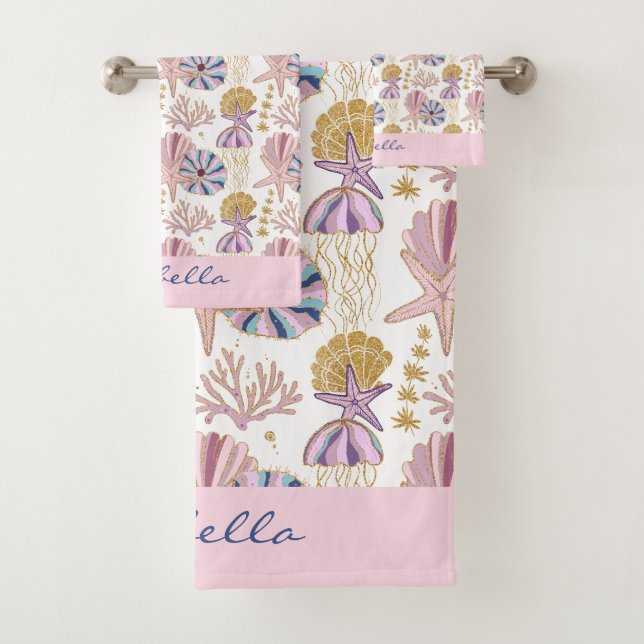 Custom Starfish Seashell Blue Lila Pink Nautic Badhandtuch Set (Insitu)