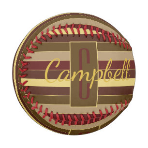 CUSTOM STRIPED MONOGRAM PATTERN BROWN GOLD RED BASEBALL
