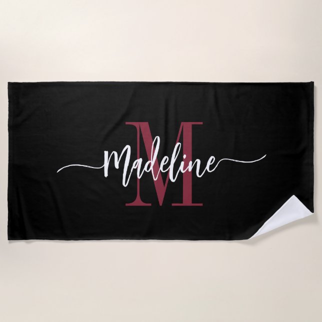 Custom Stylish Monogram Name Script Black Burgundy Strandtuch (Vorderseite)