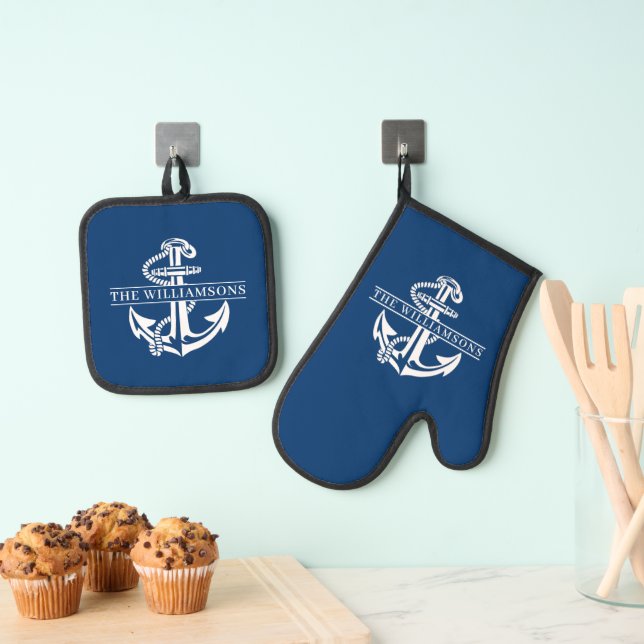 Custom Summerry White Nautical Anchor auf Navy Blu Ofenhandschuh & Topflappen-Set (Insitu (Hängend))