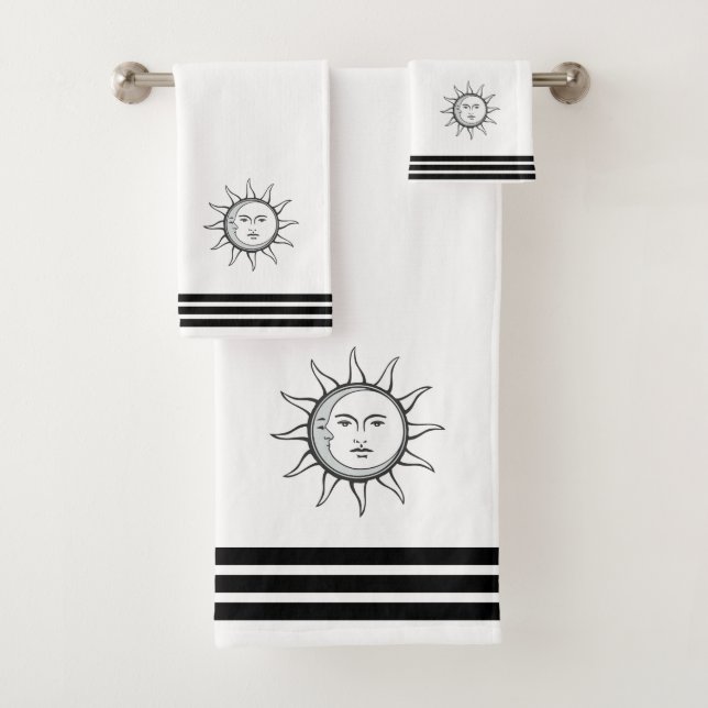 Custom Sun Moon & Three Black Strips on White Badhandtuch Set (Insitu)