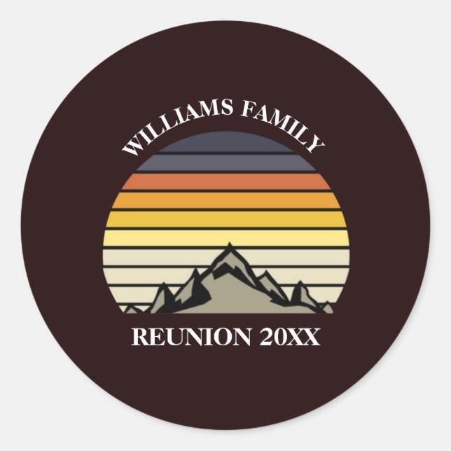 Custom Sunset Mountain Family Wiedersehen Party Runder Aufkleber (Vorderseite)