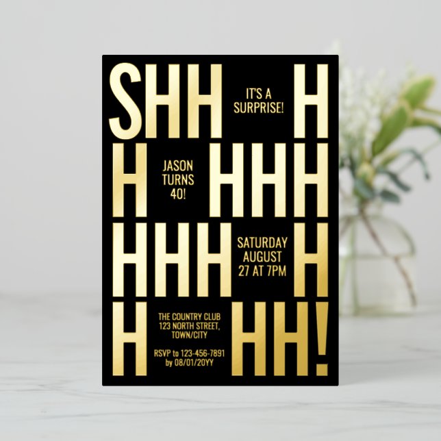 Custom Surprise Birthday Party Invite, Shhh Secret Folieneinladung (Stehend vorne)
