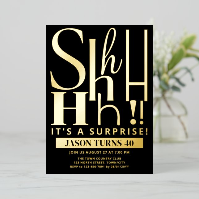 Custom Surprise Birthday Party Invite, Shhh Secret Folieneinladung (Stehend vorne)
