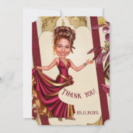 Custom Sweet 16 gold and Ruby Red caricature Dankeskarte