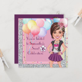 Custom Sweet 16 Karikatur mit Balloons und Glam Einladung