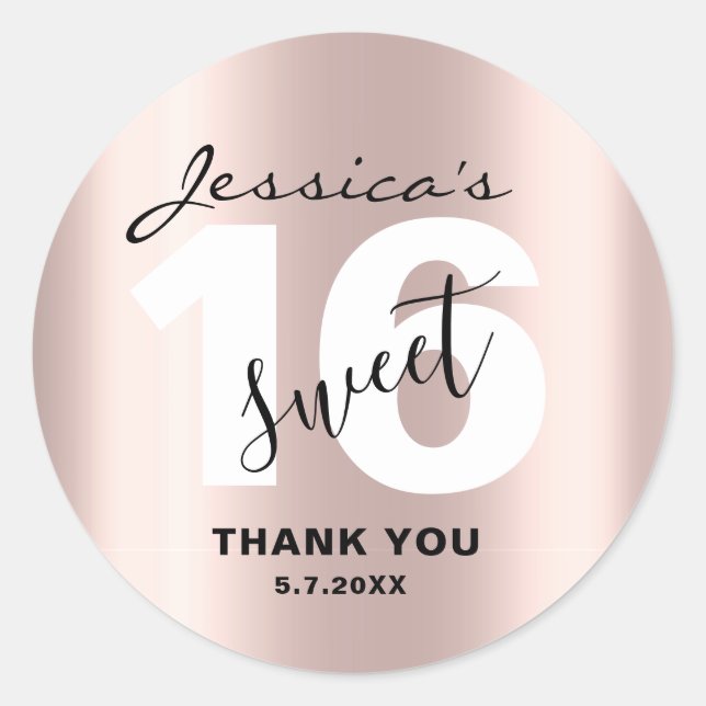 Custom Sweet 16 Sleek Rose Gold Danke Chic Runder Aufkleber (Vorderseite)