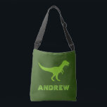 Custom t-rex dinosaur cross body bags for kids tragetaschen mit langen trägern<br><div class="desc">Custom t-rex dinosaur cross body bags for kids. Also available as tote bag for school books, groceries, shopping, office work and more. Green or custom background color. Fun Birthday party favor gift idea for son, grandson, nephew, boy, girl, daughter etc. Add your own personalized name of child. Silhouette of Wild...</div>