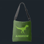 Custom t-rex dinosaur cross body bags for kids tragetaschen mit langen trägern<br><div class="desc">Custom t-rex dinosaur cross body bags for kids. Also available as tote bag for school books, groceries, shopping, office work and more. Green or custom background color. Fun Birthday party favor gift idea for son, grandson, nephew, boy, girl, daughter etc. Add your own personalized name of child. Silhouette of Wild...</div>