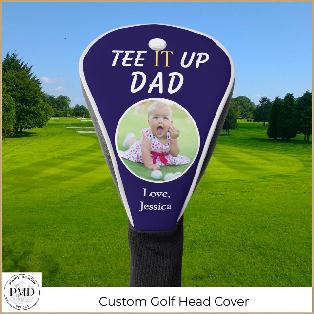 Custom T-Shirt It Up Vater Foto Navy Blue Golf Headcover (Custom Tee It Up Dad Photo Navy Blue Gold Head Cover with Child or Pet Photo, Name.)