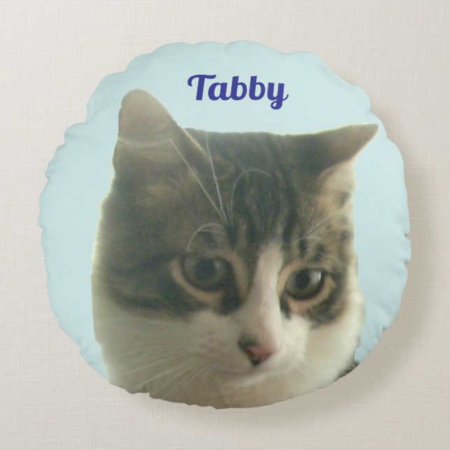 Custom Tabby Cat Photo on Light Blue Rundes Kissen (Vorderseite)