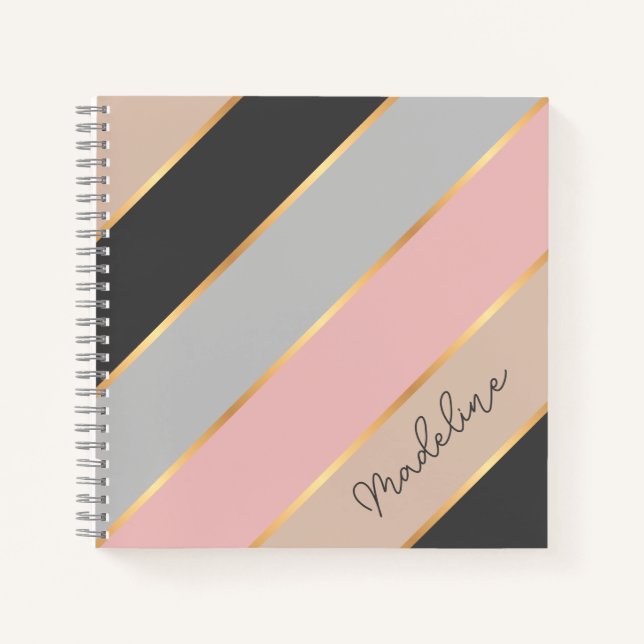 Custom Taupe Beige Grau Rosa Rosa Streifen Notizbuch (Vorderseite)