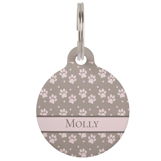 Custom Taupe & Pink Paw Print Personalizable Haustiermarke (Vorderseite)