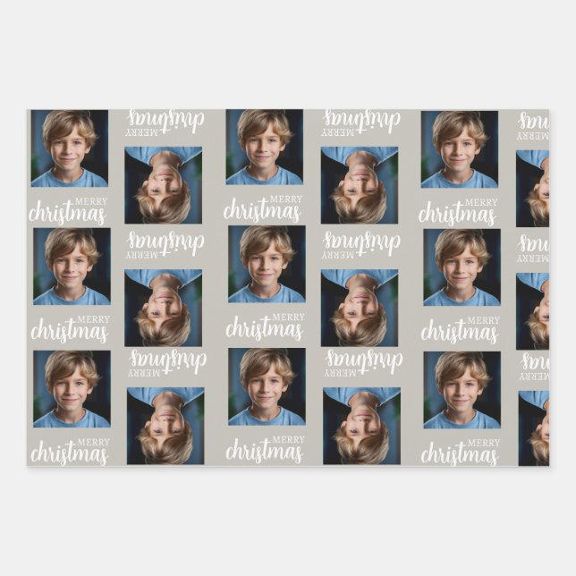 Custom Taupe Weihnachts Foto Wrapping Paper Sheets Geschenkpapier Set (Vorderseite)