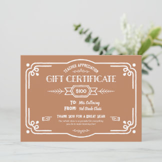 Custom Teacher Appreciation Gift Certificate Card Karte