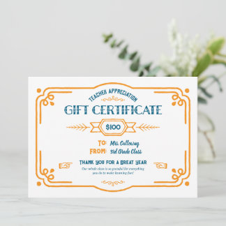 Custom Teacher Appreciation Gift Certificate Karte
