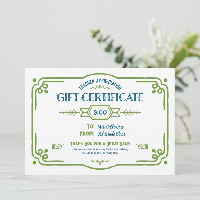 Custom Teacher Appreciation Gift Certificate Karte (Stehend Vorderseite)
