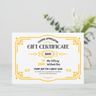 Custom Teacher Appreciation Gift Certificate Karte
