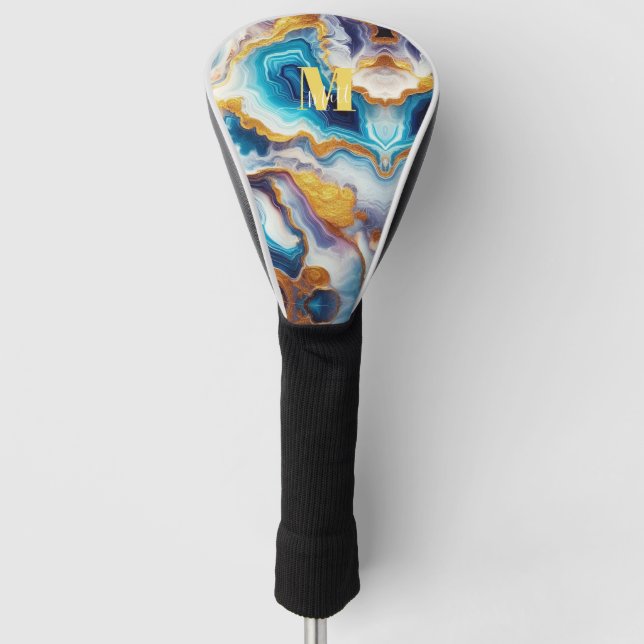 Custom Teal Aqua Golden Agate Monogram Golf Headcover (Vorderseite)
