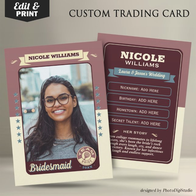 Custom Team Bride Trading Card, Bridesmaier Gesche Telefonnummerkarte (Custom Team Bride Trading Card, Bridesmaids Gifts Maid of Honor Trading Card, Retro Wedding Cards)