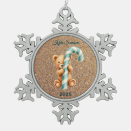 Custom Teddy Bär und Blue Candy Cane Schneeflocken Zinn-Ornament