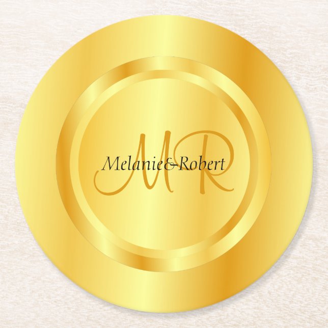 Custom Template Gold Look Moderne Monogram Elegant Runder Pappuntersetzer (Vorderseite)
