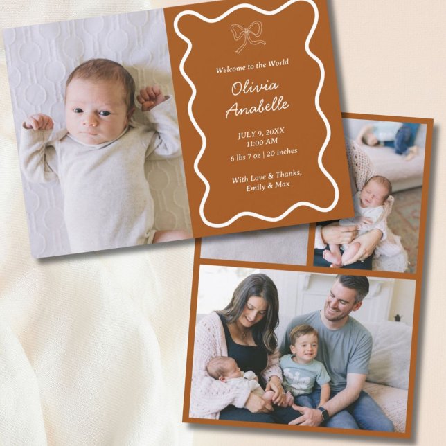 Custom Terracotta Bow Wavy Boho Collage Baby Birth Ankündigung (Custom Terracotta Bow Wavy Boho Collage Baby Birth Announcement
)