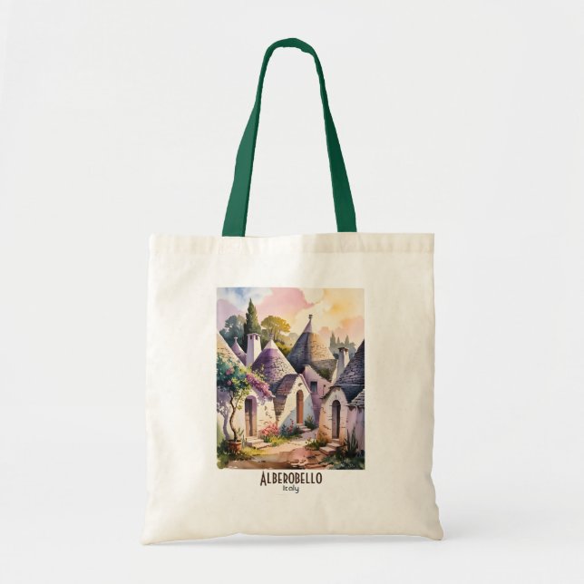 Custom Text Alberobello Italy Trulli Watercolor Tragetasche (Vorne)