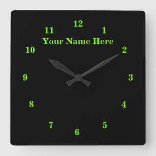 Custom Text and Colors Wall Clock Black Neon Green Quadratische Wanduhr