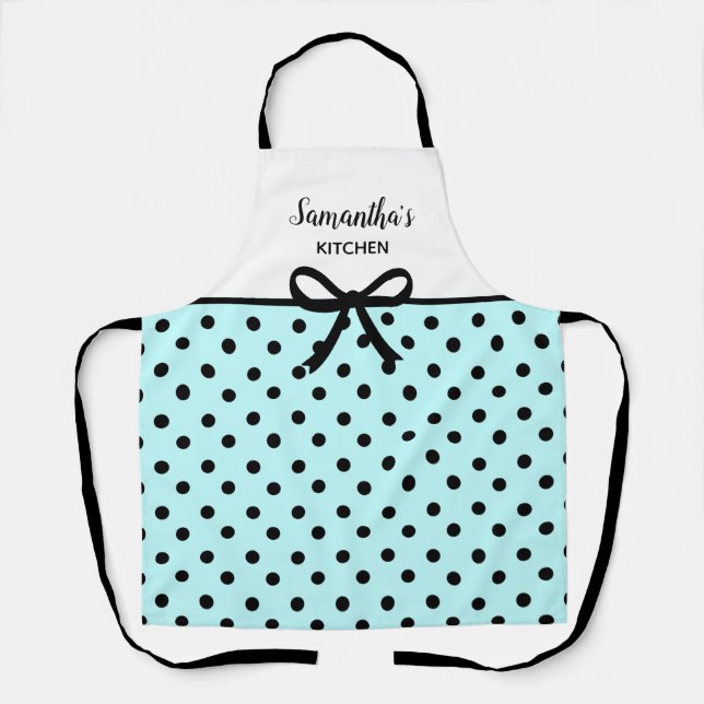 Custom Text Aquamarin und Black Polka Dots Niedlic Schürze (Vorderseite)