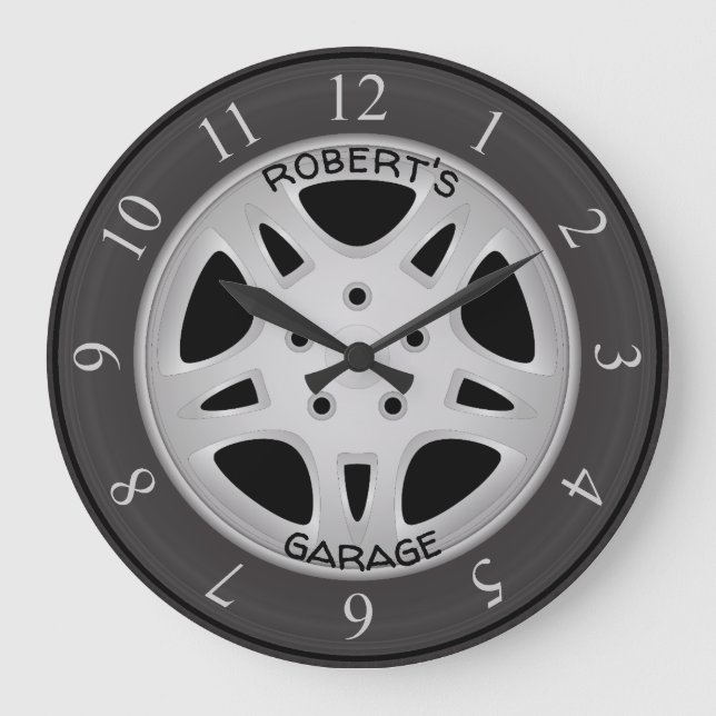 Custom Text Automobile Wheel & Tire Große Wanduhr (Vorderseite)