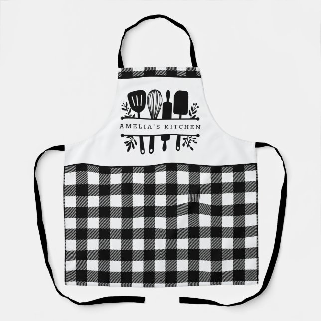 Custom Text Black and White Buffalo Karierte Küche Schürze (Vorderseite)