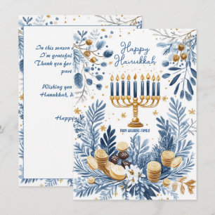 Custom text Blue Blossom Hanukkah Menorah Feiertagskarte