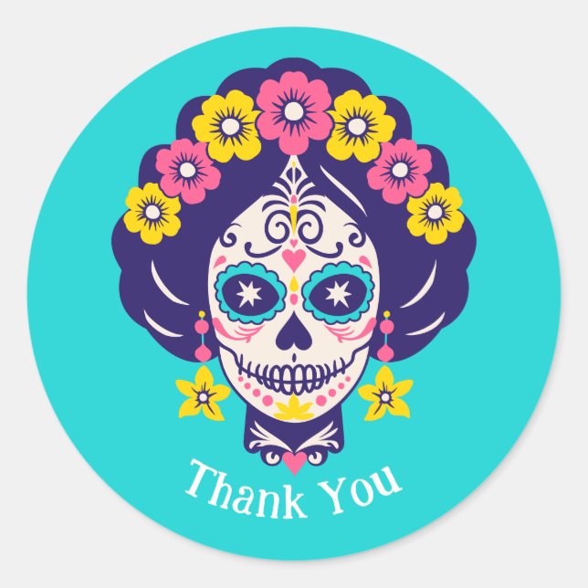 Custom Text Bright Floral Sugar Skull Girl Runder Aufkleber (Vorderseite)
