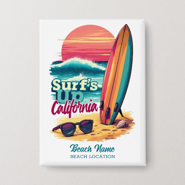 Custom Text California Surfing Button (Vorderseite)