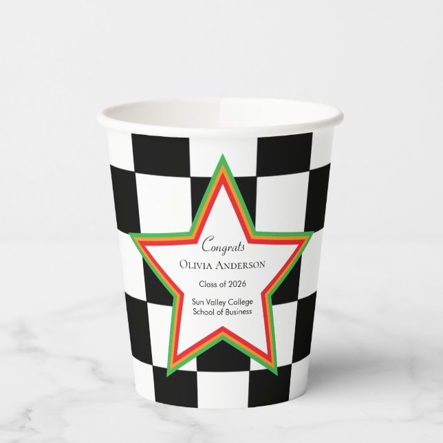 Custom Text, Checkered Graduation Party Paper Cups Pappbecher (Links)