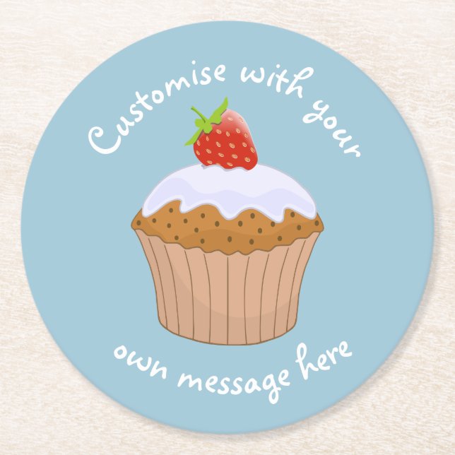 Custom Text Cute Strawberry Bun Blue Runder Pappuntersetzer (Vorderseite)