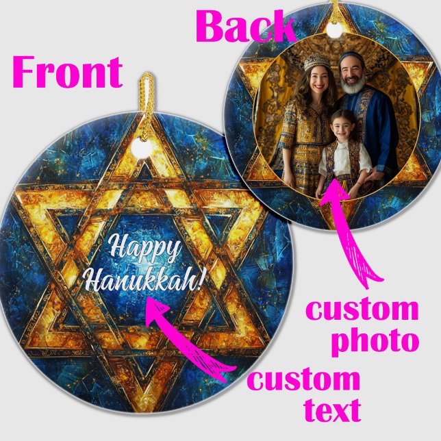 Custom text & Foto Happy Hanukkah, Star von David Keramik Ornament (Custom text & photo Happy Hanukkah, Star of David Ceramic Ornament)