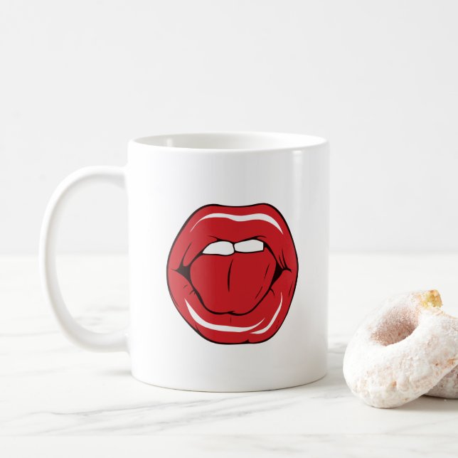 Custom Text Funny Red Lips Cartoon Mouth Kaffeetasse (Mit Donut)