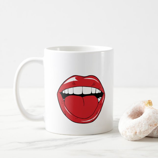 Custom Text Funny Red Lips Cartoon Mouth Kaffeetasse (Mit Donut)