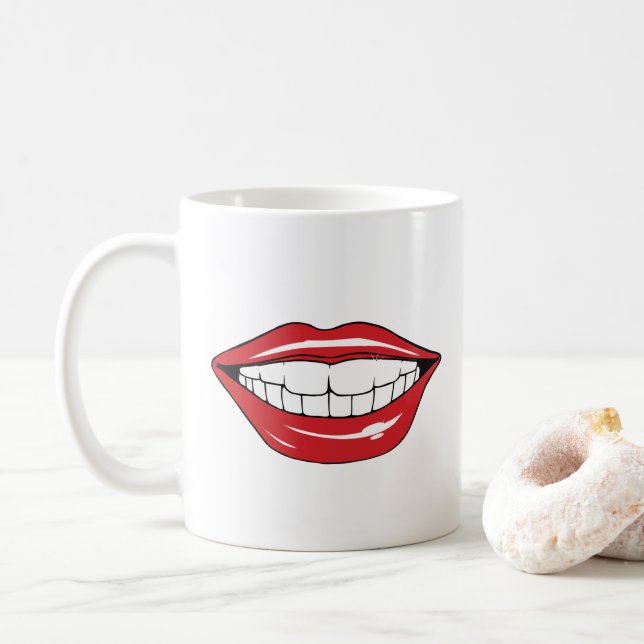 Custom Text Funny Red Lips Cartoon Mouth Kaffeetasse (Mit Donut)