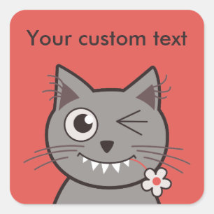 Custom Text Funny Winking Cartoon Kitty Cat Quadratischer Aufkleber