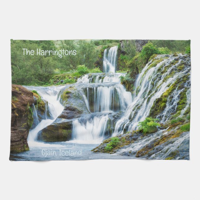 Custom Text Gjain Waterfall, Island Geschirrtuch (Horizontal)