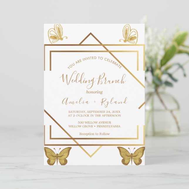 Custom Text Gold Butterfly Hochzeitsbrot Einladung (Stehend Vorderseite)