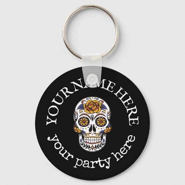 Custom Text Halloween Sugar Skull La Santa Muerte Schlüsselanhänger (Vorderseite)