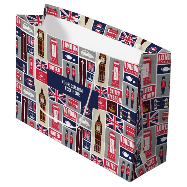 Custom Text London UK Icons Große Geschenktüte (Vorderseite Schrägansicht)