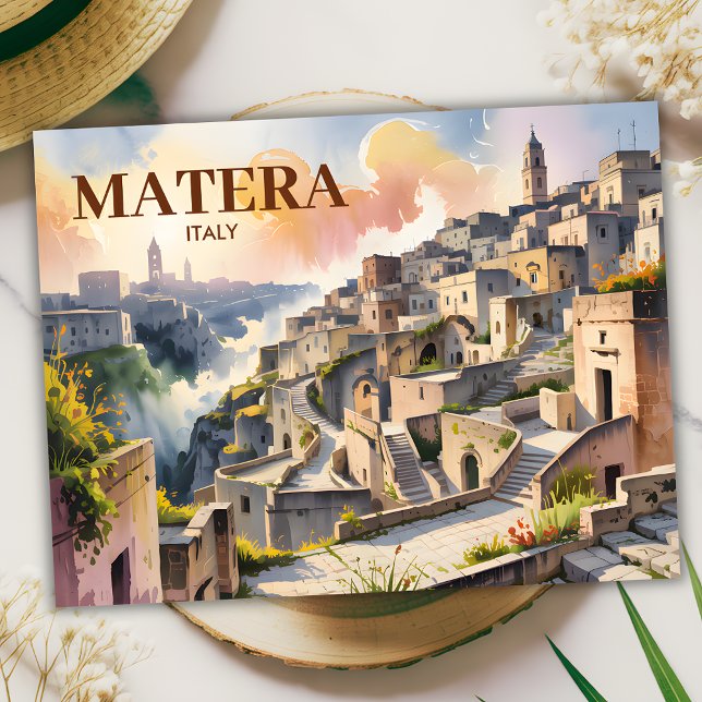 Custom Text Matera Italien Reisen Sassi di Matera Postkarte (Matera Italy Watercolor Postcard)
