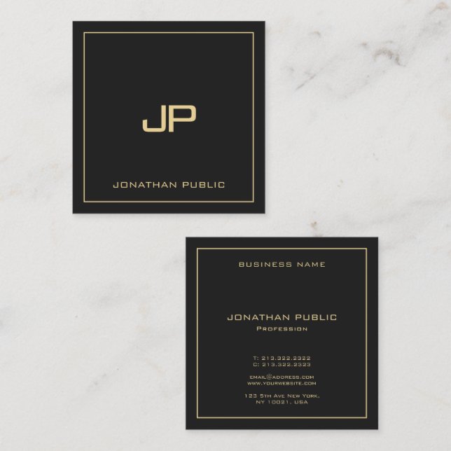 Custom Text Monogram Luxus elegant Schwarz und Gol Quadratische Visitenkarte (Vorne/Hinten)