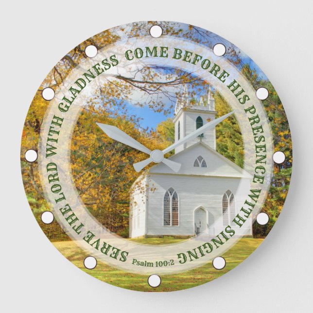 Custom Text New England Church im Herbst Große Wanduhr (Vorderseite)
