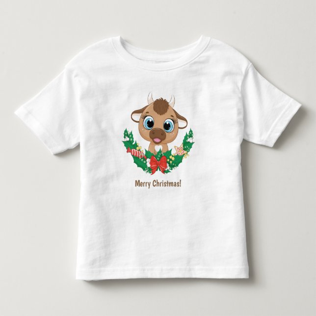 Custom Text Niedlich Christmas Bull Kleinkind T-shirt (Vorderseite)